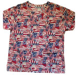 Patriotic Scrub Top With Love & Flags Print